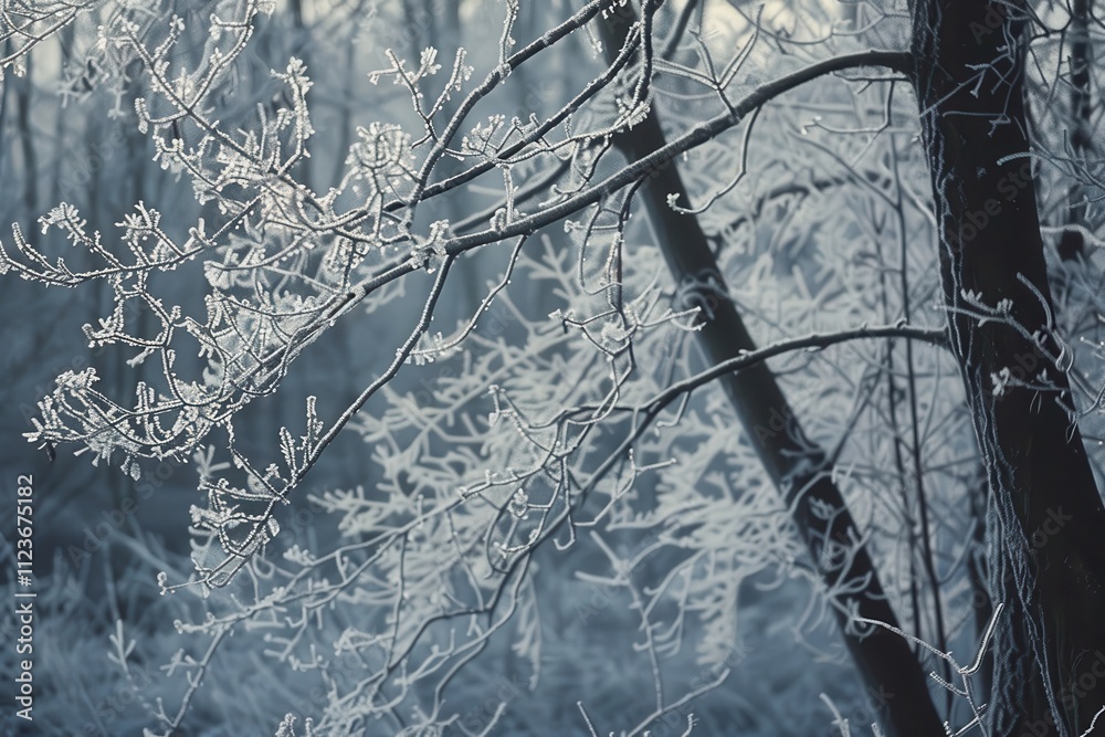 Aufkleber frost-covered branches on a cold winter morning create a serene atmosphere in a tranquil forest land