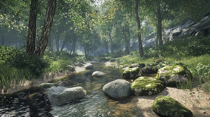 Serenity of a tranquil forest stream surrounded by lush greenery and smooth stones during daylight hours