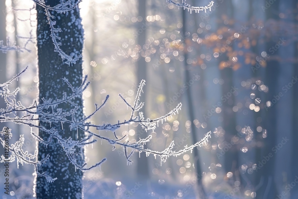Aufkleber frost-covered branches on a cold winter morning create a serene atmosphere in a tranquil forest land