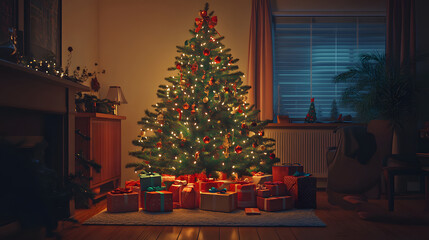 Obraz premium Christmas tree decorated with gifts. Festive background