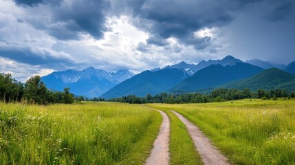 A serene landscape featuring a winding dirt road through tall green grass, flanked by mountains under a cloudy sky, Ideal for nature-themed projects, travel blogs, or outdoor adventure promotions,