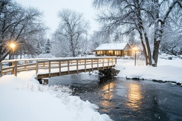 Fototapeta premium Snow-covered bridge over a stream beside a cozy cabin in a winter landscape during a snowy evening
