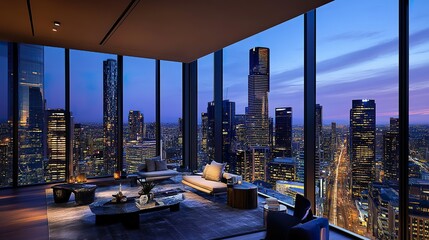 Luxurious apartment with panoramic city views at dusk.  Floor-to-ceiling windows showcase illuminated skyscrapers and city lights. Modern furniture complements the sophisticated space.
