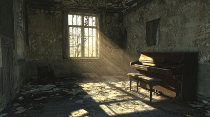 A neglected piano against cracked walls in a desolate hall, light streaming through broken windows casting shadows.