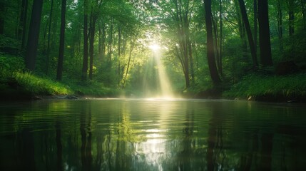 Obraz premium A tranquil forest scene featuring a serene stream reflecting sunlight filtering through the lush green trees, Ideal for nature-themed projects, wellness promotions, or environmental campaigns,