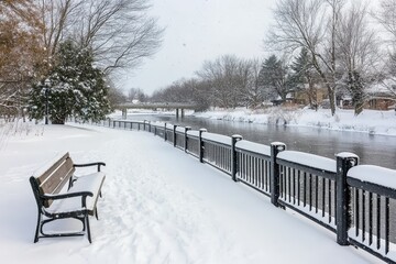 Snow-covered riverside path with a bench and fence during winter