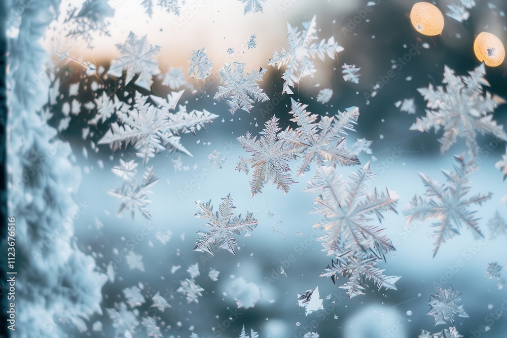 Poster delicate snowflakes decorate a frosty window during the winter twilight hours, creating a serene atm