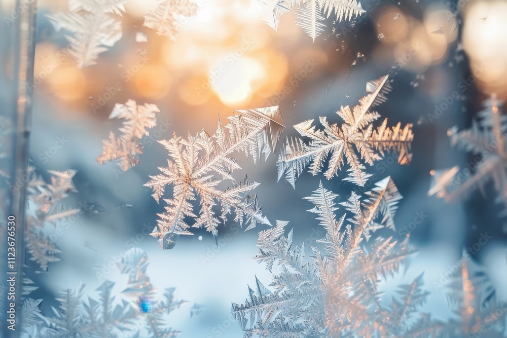 Poster delicate snowflakes decorate a frosty window during the winter twilight hours, creating a serene atm