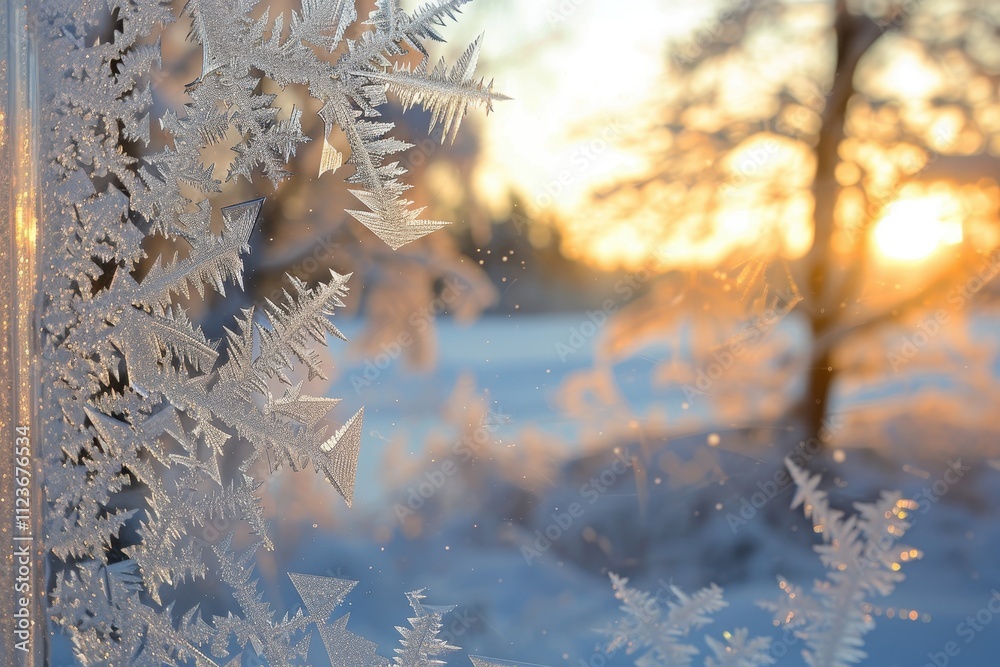 Poster delicate snowflakes decorate a frosty window during the winter twilight hours, creating a serene atm