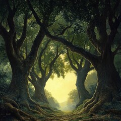 Fototapeta premium Ancient trees frame sunlit forest path.