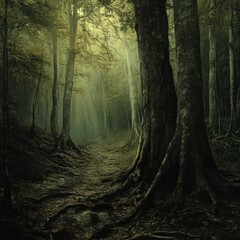 Obraz premium Misty forest path, large trees, exposed roots.