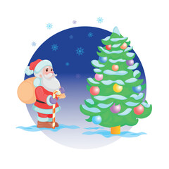 New Year's holiday is celebrated in the forest under beautiful snowfall Christmas tree, Santa, snow, new Year gifts, fairy forest, Christmas decorations, isolate, vector illustration, art, design, bac