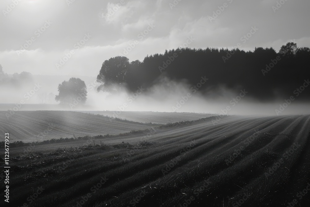 Aufkleber misty morning landscape with sunlight illuminating a foggy field and trees in the background at dawn