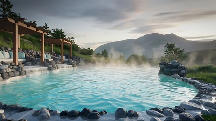 Serene Geothermal Hot Spring Pool Surrounded by Lush Greenery, Majestic Mountains, and Wooden Pergolas, with Gentle Steam Rising from the Vibrant Turquoise Water
