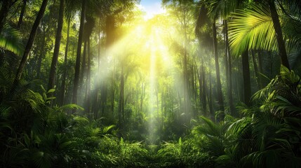 Obraz premium Lush green rainforest with sun rays filtering through tall trees, creating a serene atmosphere perfect for nature-themed projects, wellness retreats, or environmental awareness campaigns,