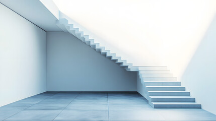 Obraz premium A minimalist architectural interior featuring a staircase with sharp geometric angles and sleek white walls.