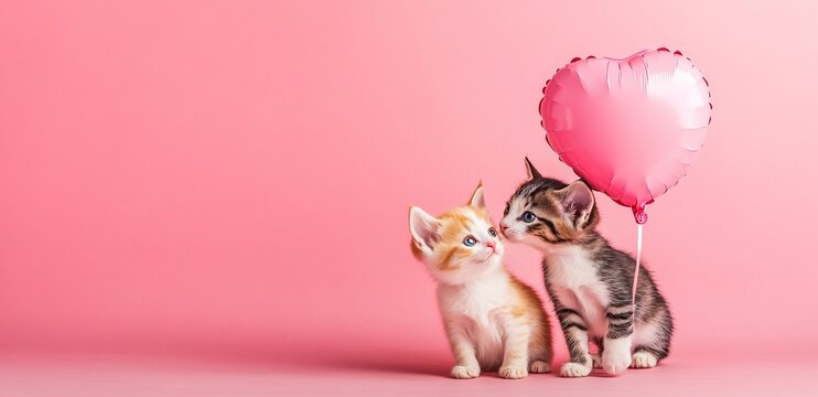 Two adorable kittens with heart-shaped balloon on pink background