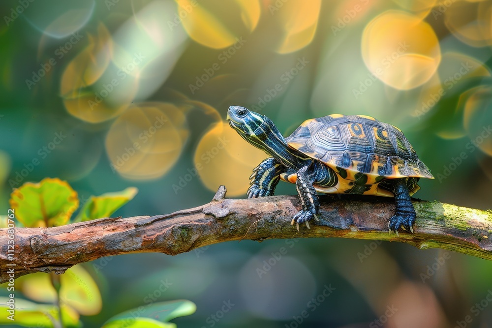 Aufkleber Colorful turtle perched on a branch in a lush forest with glowing bokeh background captured during early morning light