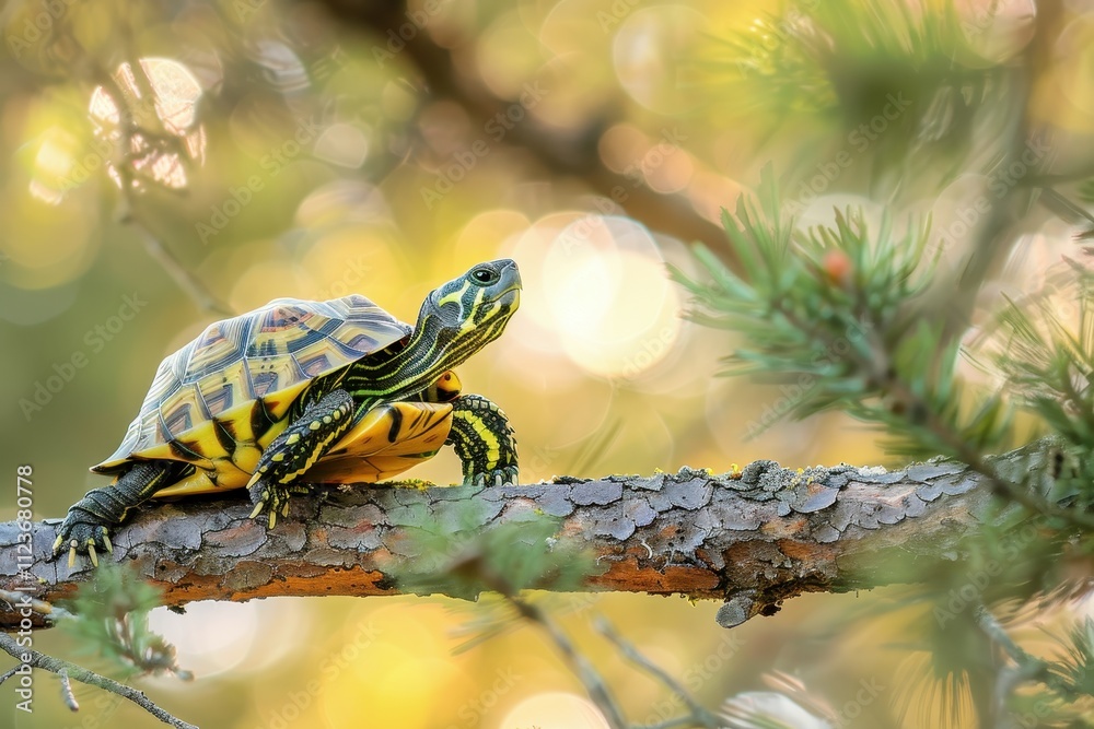 Aufkleber Colorful turtle perched on a branch in a lush forest with glowing bokeh background captured during early morning light