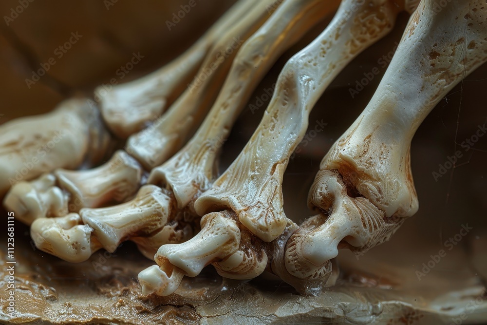 Poster detailed view of a human skeletal foot highlighting anatomical features and structure in a museum se