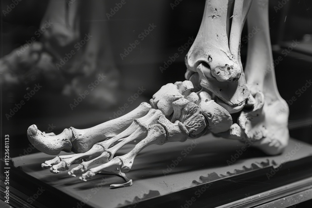 Poster detailed view of a human skeletal foot highlighting anatomical features and structure in a museum se