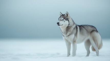 Fototapeta premium A striking, high-resolution image of a majestic husky standing proudly in a snowy landscape.