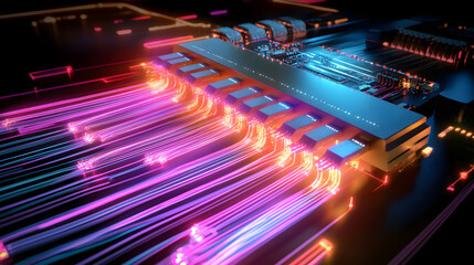 A 3D schematic of a network card sending data packets through a vibrant virtual network.