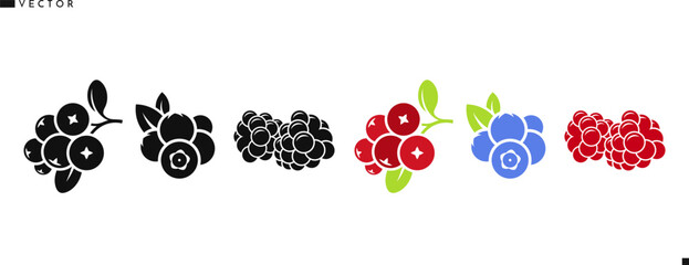 Berry silhouette. Isolated raspberry blackberry blueberry and cranberry vector. Organic fruit 