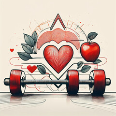 Wellness greeting card with yoga pose, heart rate monitor, and apple for health industry.