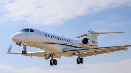 Fototapeta premium A sleek private jet landing against a clear sky backdrop.