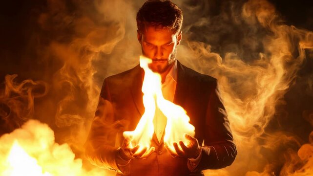 Breaking Covenant, man antichrist in a tailored suit examines a crucial document against a backdrop of flames and swirling smoke