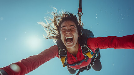 A bungee jumper laughing mid-fall as the wind rushes past their face surrounded by clear skies.