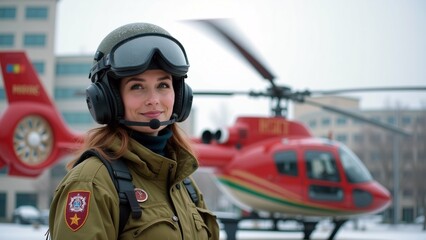 Obraz premium The image shows a young woman wearing a green jacket with a badge on it and a helmet with goggles. She is standing in front of a red helicopter with the word 