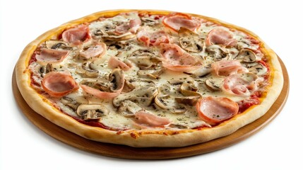pizza cr&Atilde;&uml;me fraiche champignons jambon mozzarella fond uni blanc tomatoes  white background