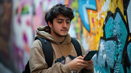 Obraz premium Man mobile guy happy young looking person lifestyle phone male portrait smartphone adult technology