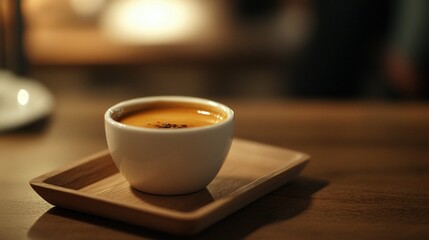 Close-up of a freshly brewed espresso shot in a white ceramic cup placed on a wooden tray blurred cozy cafe in warm tones soft ambient lighting