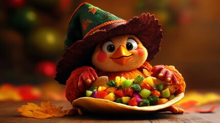 A cartoon turkey is dressed in a pilgrim hat and is holding a colorful vegetable-filled taco