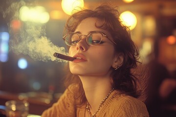 Fototapeta premium Stylish woman smoking cigar in blurred bar background