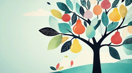   A beautiful painting of a tree bearing pears, oranges, and lush green leaves against a serene blue backdrop with fluffy clouds