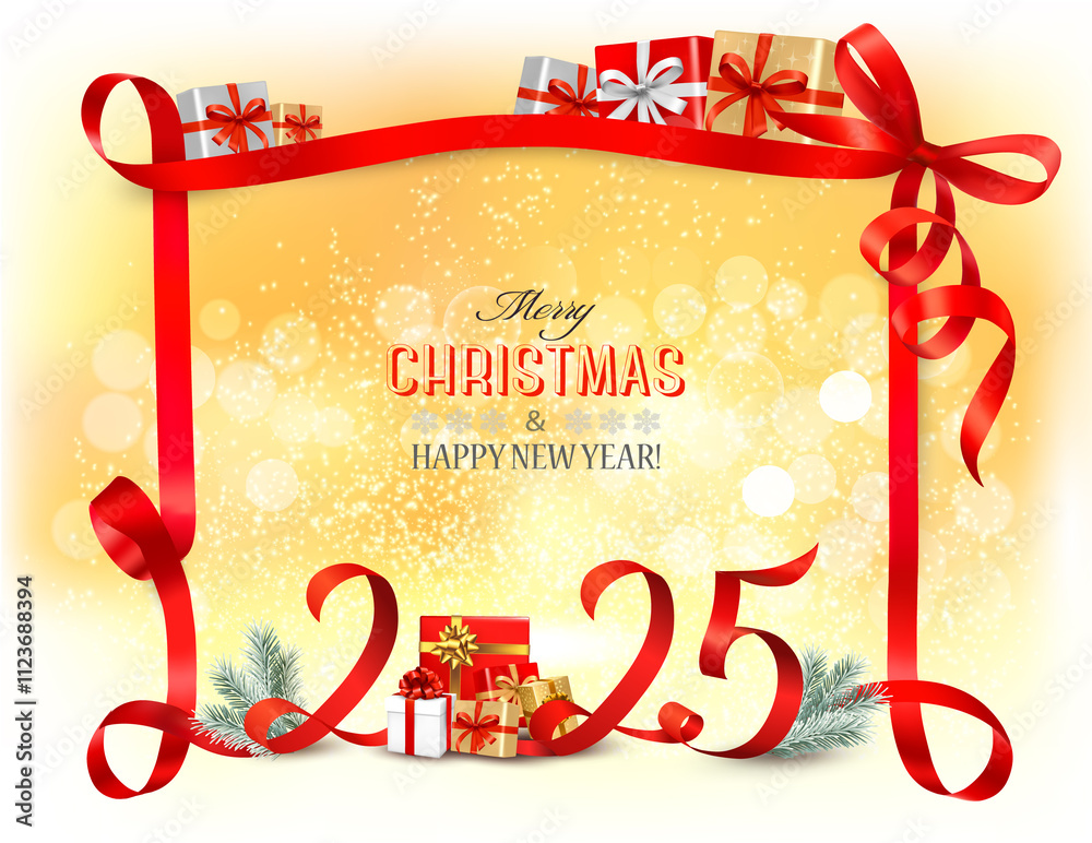 Aufkleber merry christmas and happy new year background with a 2025 numbers and a red ribbon. vector.