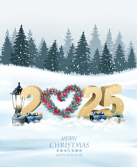 Merry Christmas and Happy New Year Holiday background with gift boxes, Christmas wreath and blue glitter 2024 numbers. Vector.