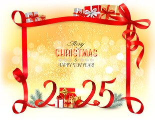 Merry Christmas and Happy New Year background with a 2025 numbers and a red ribbon. Vector.