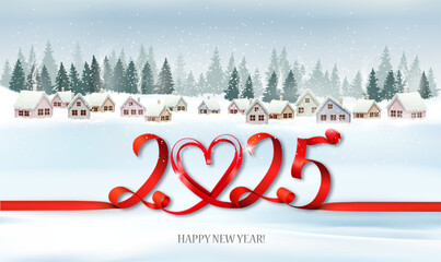 Holiday Christmas and Happy New Year panorama with a winter village and red ribbon with 2025 numbres. Vector.