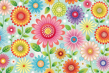 Vibrant colorful floral pattern background with various flowers and leaves.