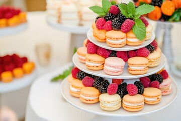 Obraz premium Colorful macarons decorated with fresh berries creating a stunning dessert display