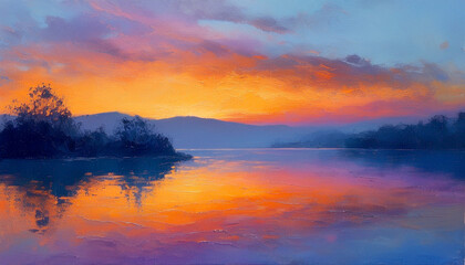 Fototapeta premium Vibrant sunset casts colorful reflections on tranquil lake waters