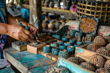 Craftsman meticulously painting colorful pottery at a vibrant artisan market surrounded by handmade decorations and tools in a cozy workshop
