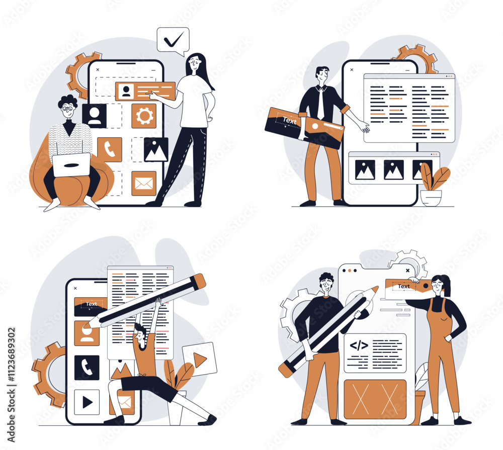 Poster App development concept set in flat design for web. Collection with people programming wireframe mobile phone layouts with app buttons and elements, testing and coding templates. Vector illustrations.