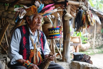 Obraz premium Elderly artisan creating traditional crafts in a vibrant village setting featuring handmade items and cultural artifacts