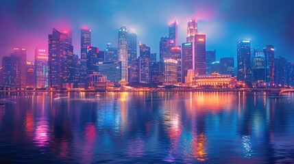 Obraz premium Vibrant Neon Urban Skyline at Night with Misty Reflections